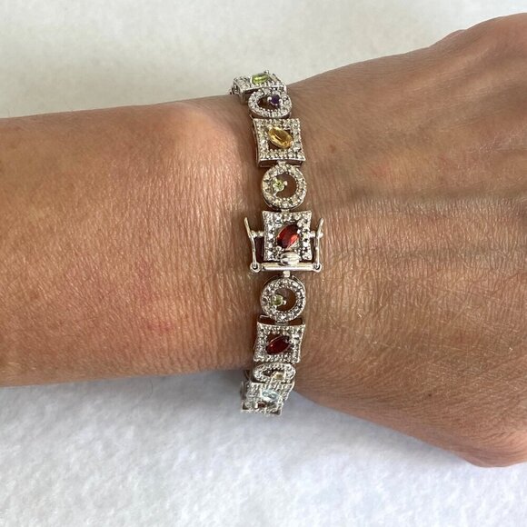 Ross-Simons Sterling Silver 925 Multi Gemstone Geometric Link Tennis Bracelet - Picture 6 of 16